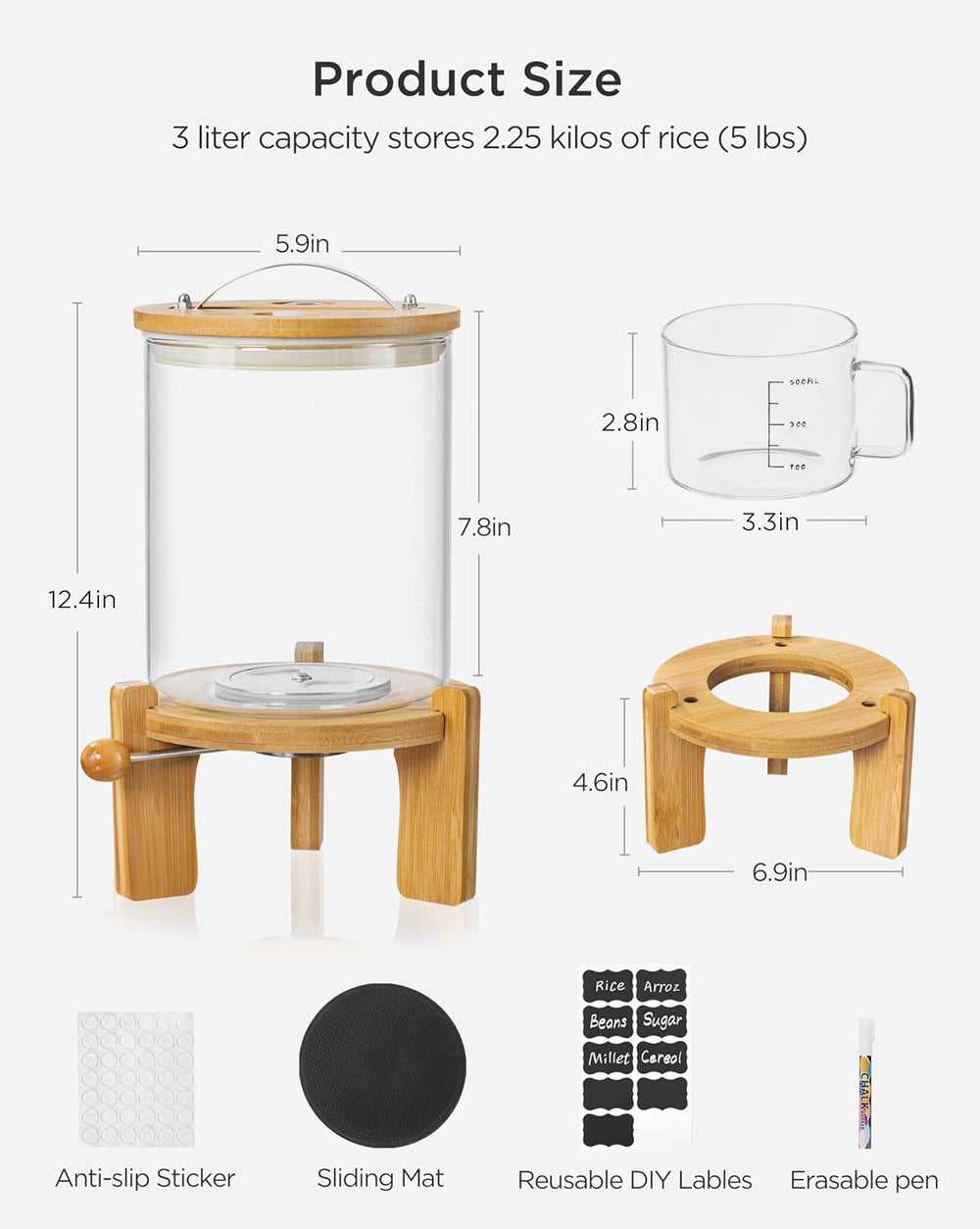 5-7 lbs Glass Rice Dispenser with Wooden Stand Flour and Cereal Container wit...
