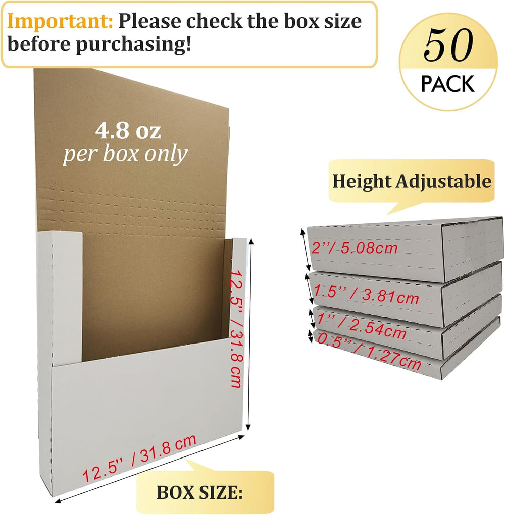 50 Pack 12.5×12.5×2" Vinyl Record Mailers, Height-Adjustable for LPs