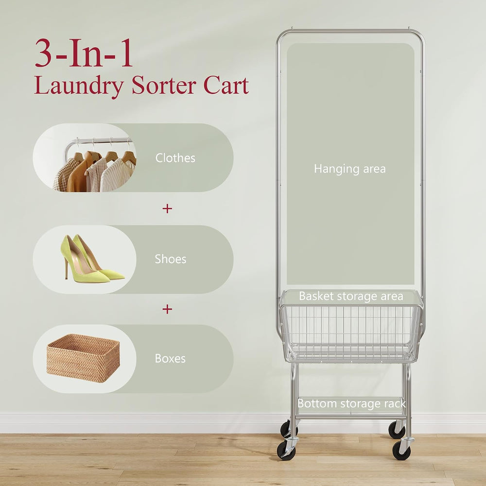 Tajsoon Rolling Laundry Cart with Hanging Rack & Laundry Basket, Silver