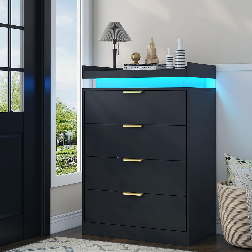 UNIQUITE Black Dresser with LED Lights and Power Outlet, Wooden 4 Drawer Dres...