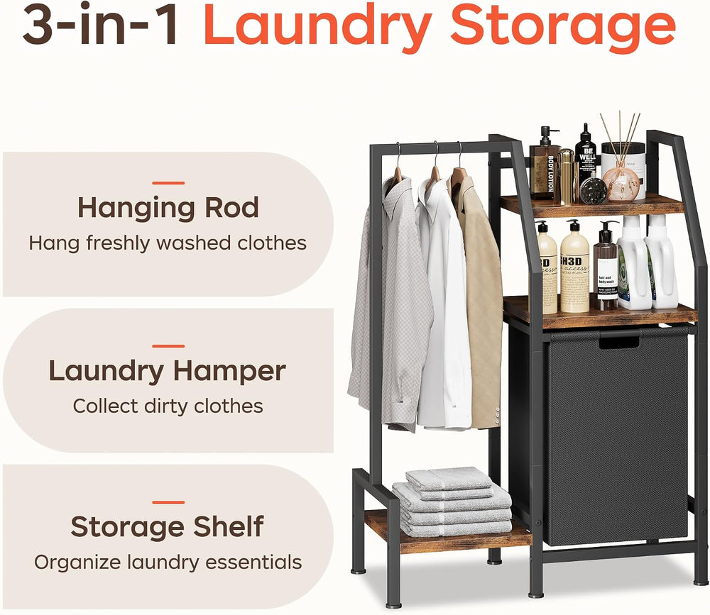 Laundry Hamper with Hanging Rack and 3 Shelves, Large Laundry Storage Basket,...