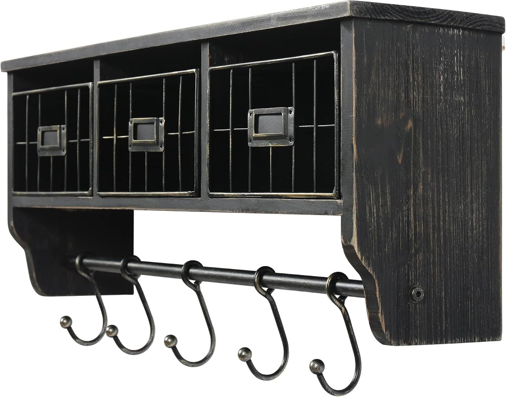 HBCY Creations Wall Mounted Shelf with Coat Hooks and Baskets, Solid Wood Ent...