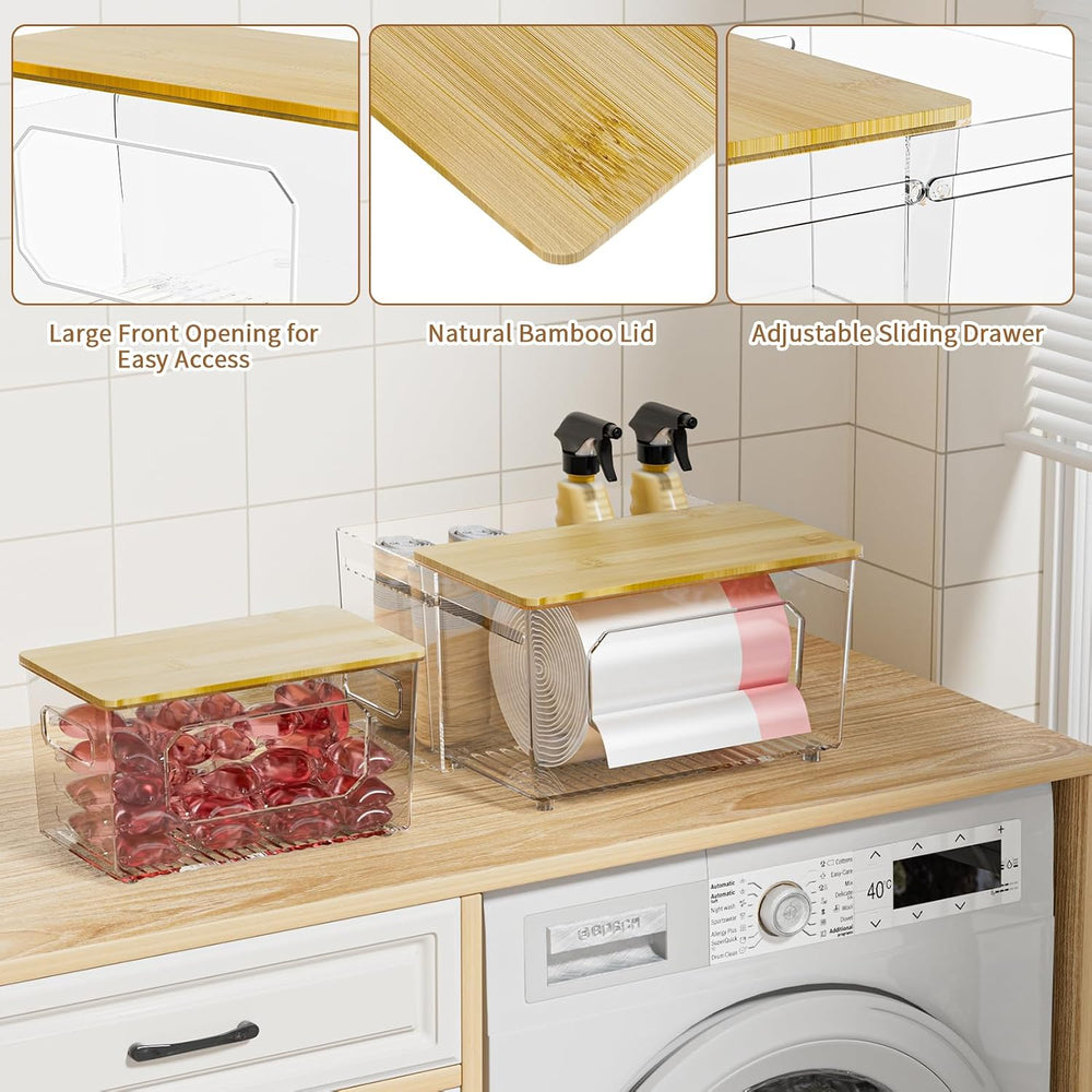 spospo Trash Bag Holder 3-in-1 Under Sink Organizer with Bamboo Lid