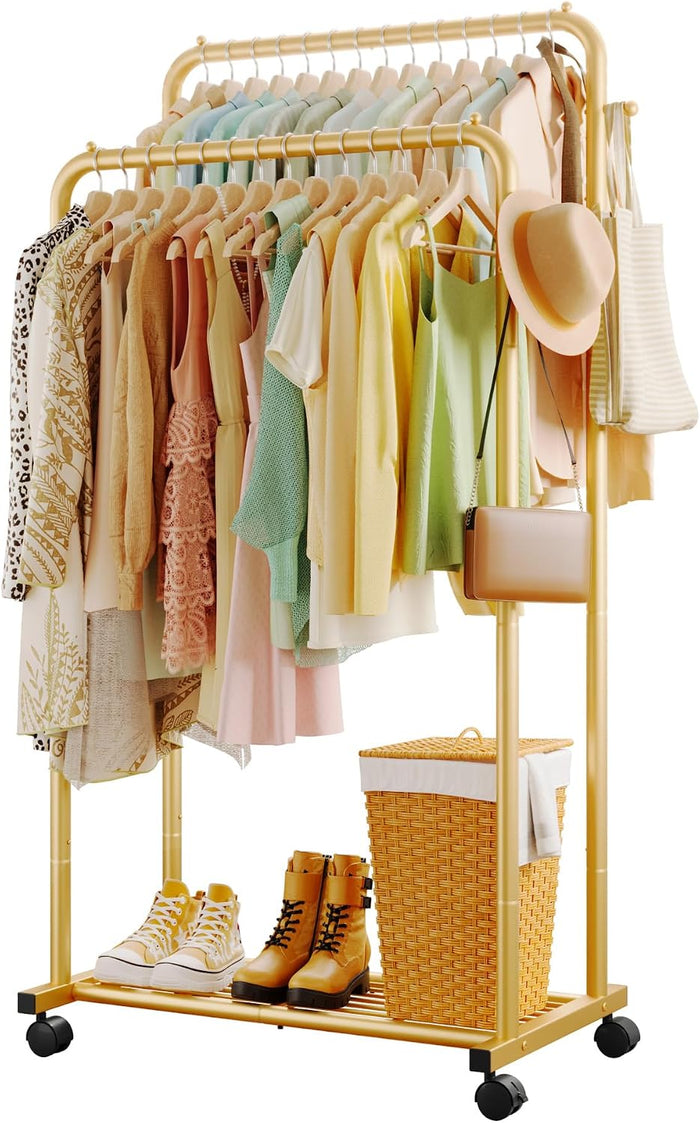 Sakugi Double Rod Clothes Rack Mesh Shelf & Hooks, 28.7x16.5x59.1, Gold