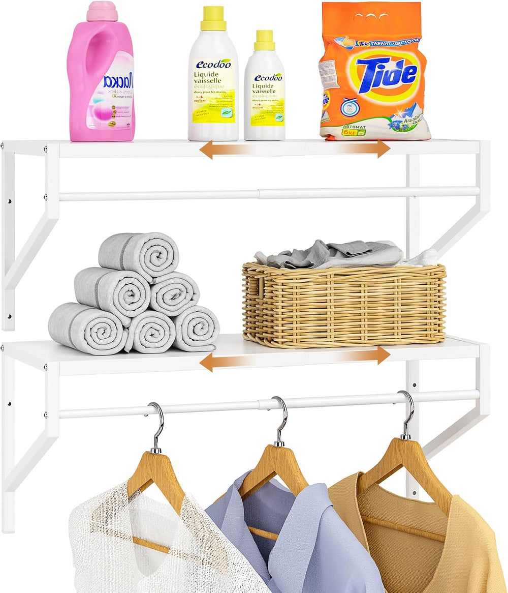 ThreeHio 2 Pack Expandable Laundry Room Shelves with Hanging Rod, Over Washer...