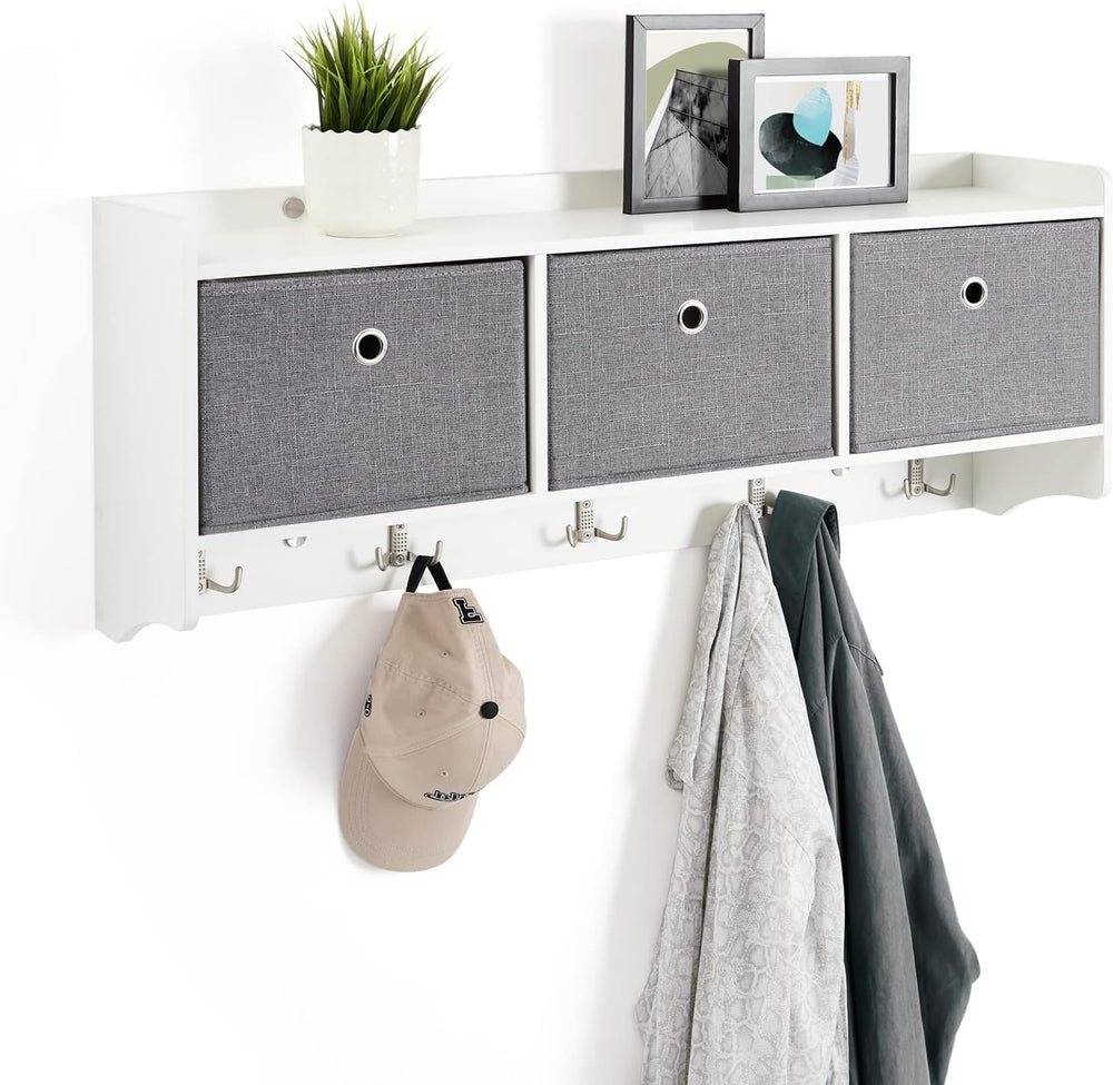 Mondeer Wooden Coat Rack Shelf Wall Mounted with 3 Baskets 5 Hooks White