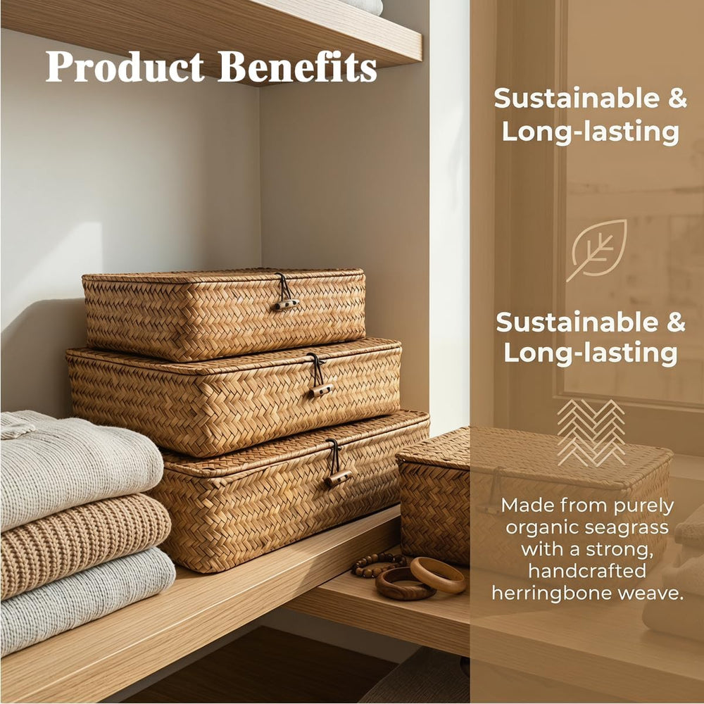 Wicker Basket with Lid,Seagrass Flat Storage Bins, Set of 5