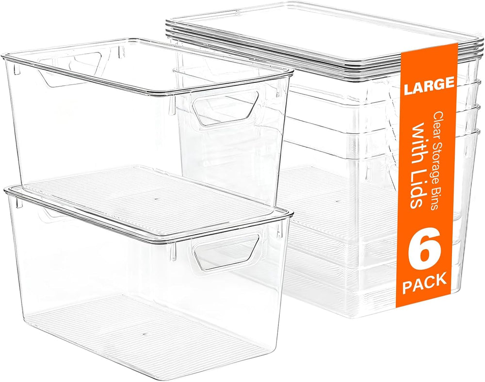 Freebat 6 Pack Clear Storage Bins with Lids, 7 Quart Pantry Organizer Bins