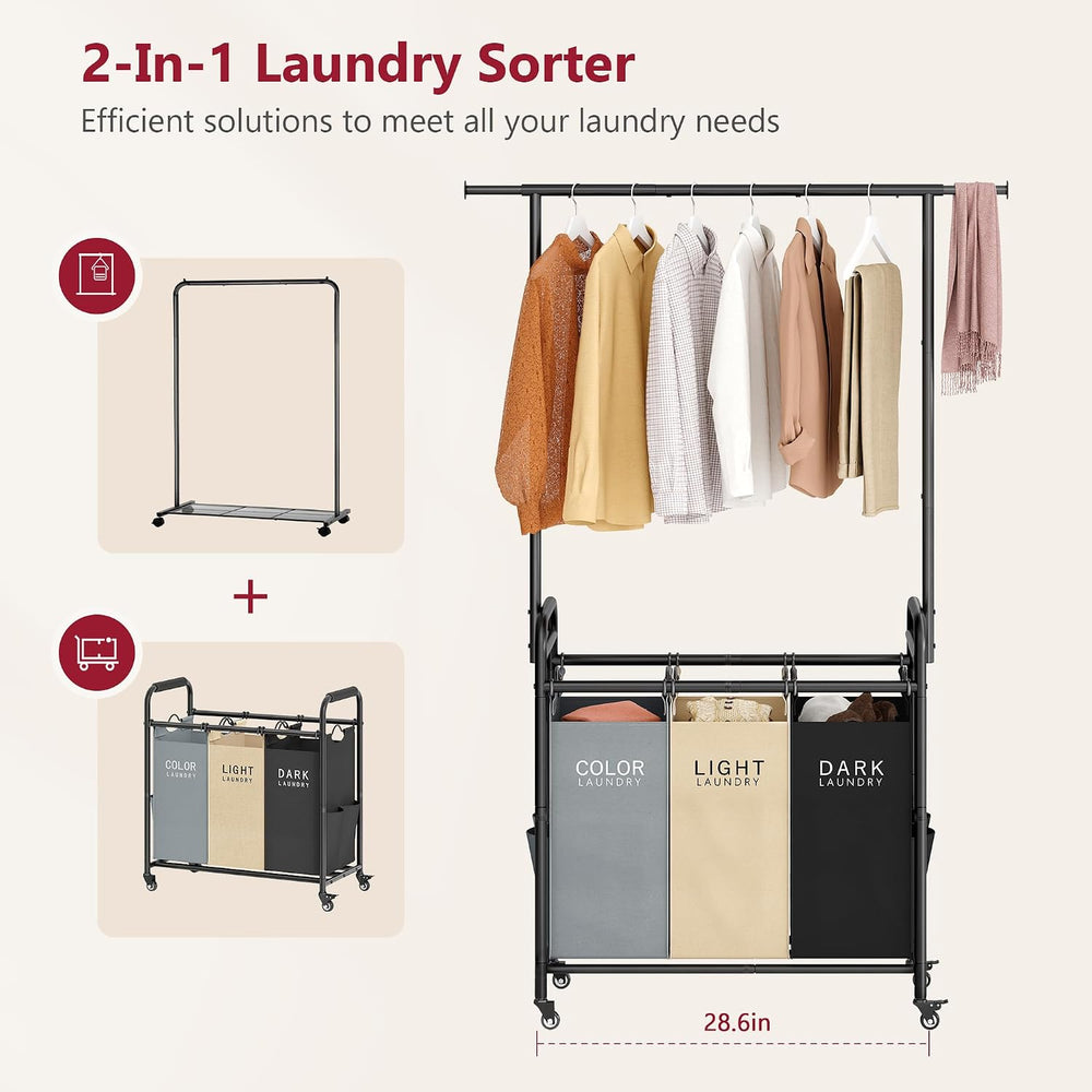Tajsoon Laundry Sorter Cart with Hanging Clothes Rack, 3 Section, 3 Colors
