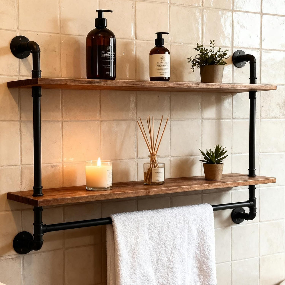 Industrial Pipe Shelving Wall Mounted,Pipe Shelves with Plank(2 Tier 48In)