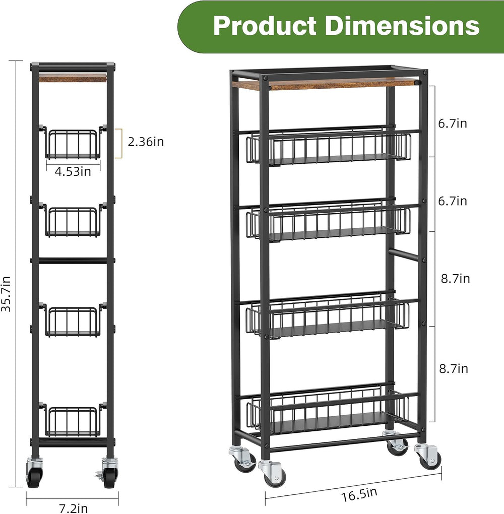 5-Tier Slim Rolling Cart Kitchen Utility Cart, Narrow Kitchen Cabinet with 4 ...