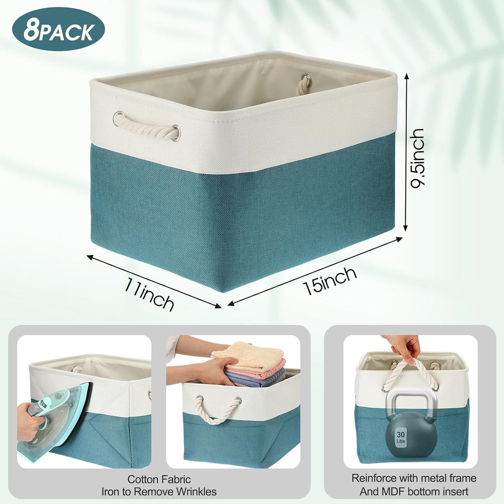 meekoo 8 Pack Fabric Storage Bins Baskets, 15 x 11 x 9.5 in, Cyan White
