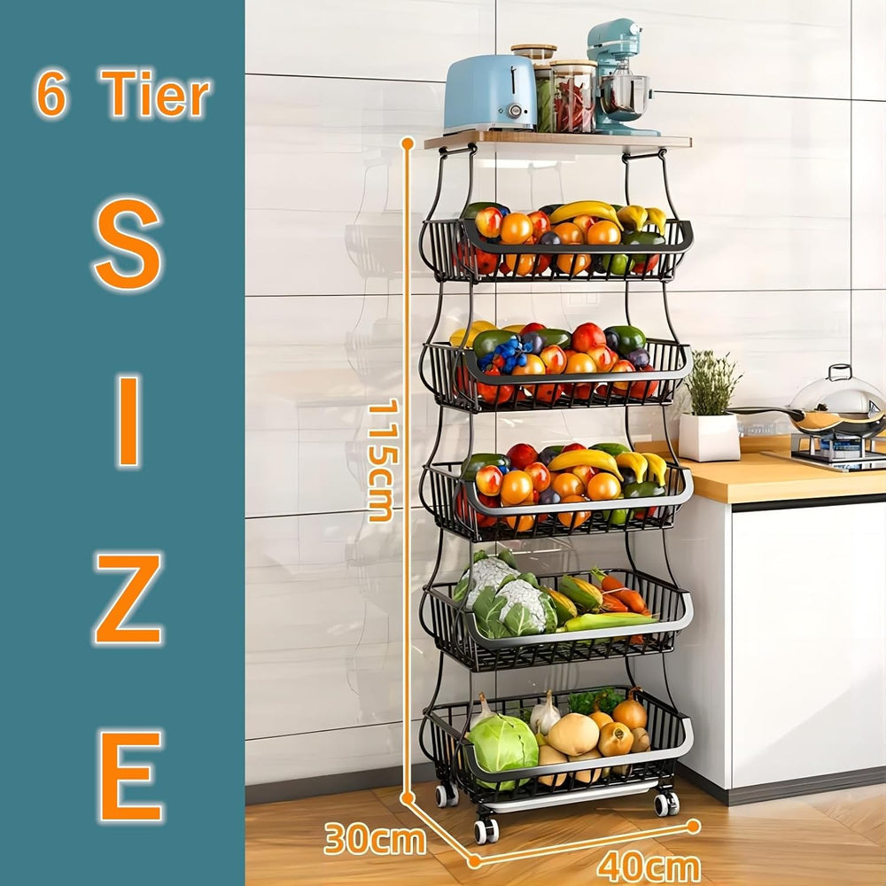 Metal Wire Baskets with Wheels, Kitchen Organizer, 6 Tier Stackable Storage C...
