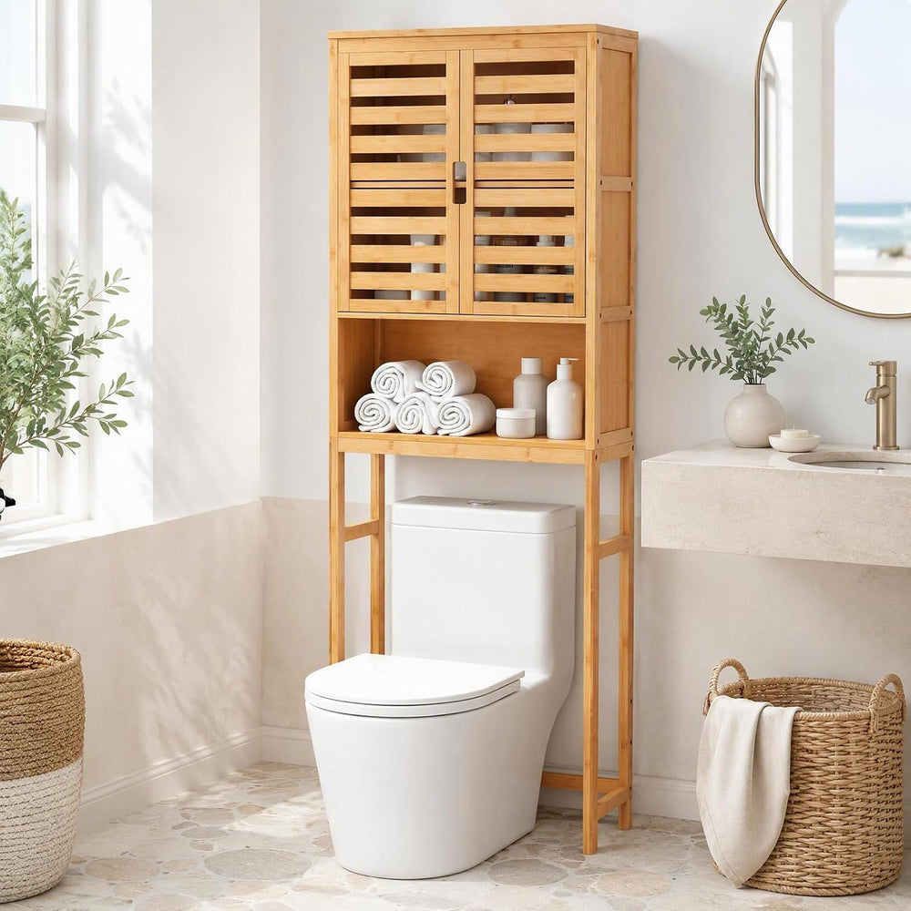 67-inch Bamboo Over the Toilet Storage Cabinet with 2 Doors, Natural