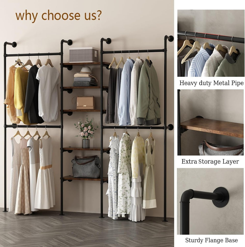 Industrial Pipe Clothing Racks with 5 Shelves, Wall Mounted Clothes Rack for ...