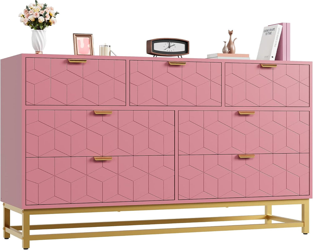 IDEALHOUSE Pink 7 Drawer Dresser for Bedroom, 53.5” Large Dresser with Metal ...