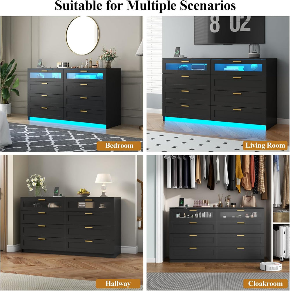 8 Drawers Dresser with Charging Station, Dresser for Bedroom with LED Light