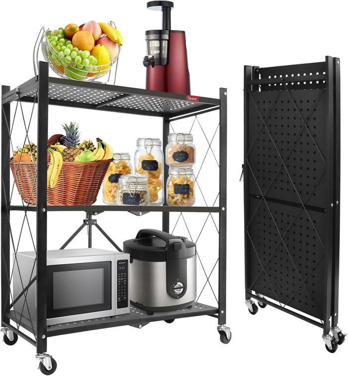 DEANIC 3 Tier Foldable Storage Shelves with Wheels, Kitchen Appliance Stand, Freestanding Metal Wire Shelf Rack, No Assembly Organizer Rolling Cart for Garage, Basement, Pantry (Black)