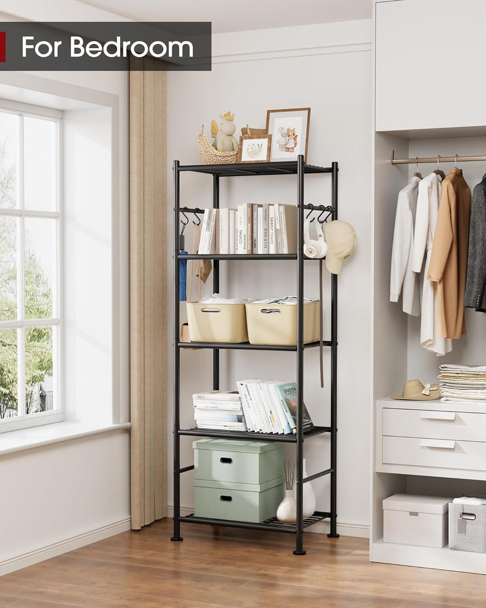 Sakugi 5-Tier Storage Rack Organizer with Hooks, Heavy Duty Metal Garage Rack...