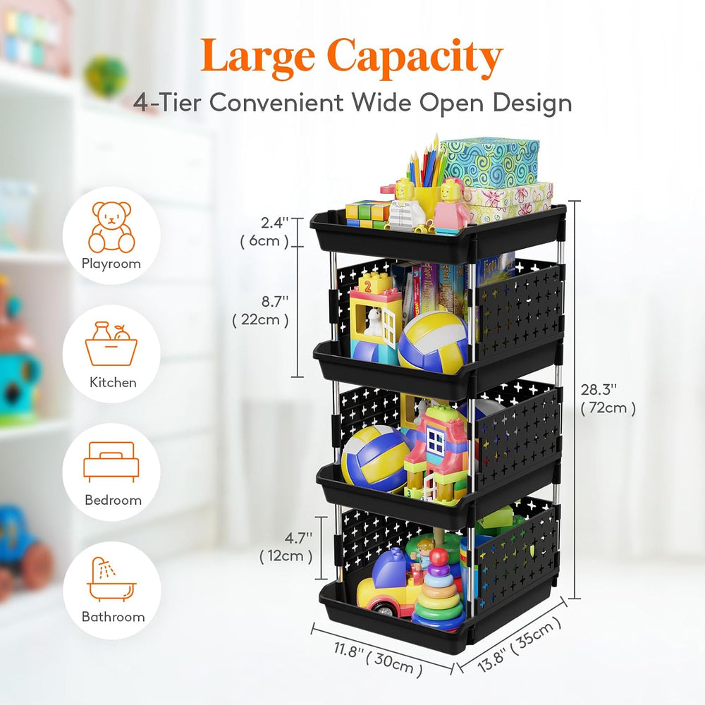 Lifewit 4 Tier Plastic Stackable Storage Baskets for Clothes 1 Pack, Black