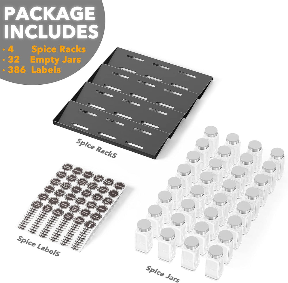 SpaceAid Spice Drawer Organizer with 32 Spice Jars, 386 Spice Labels, 4 Tier ...