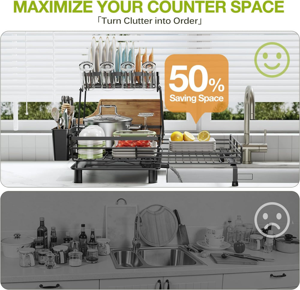 2-Tier Expandable Dish Drying Rack for Kitchen Counter, Black