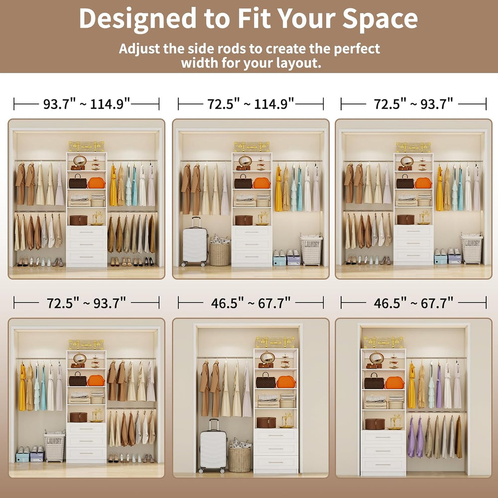 Closet System with 3 Drawers, 2FT-9FT Customizable Closet Organizer System wi...