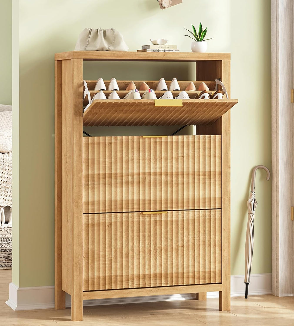 32" Fluted Shoe Cabinet Storage with 3 Flip Drawers for Entryway, Hallway