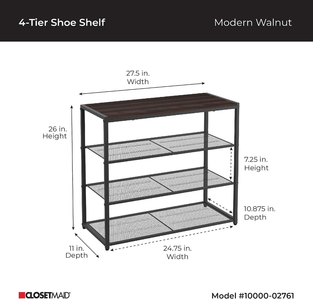 ClosetMaid 4-Tier Shoe Rack, Storage Organizer, with Wood Top Shelf, 3 Metal ...