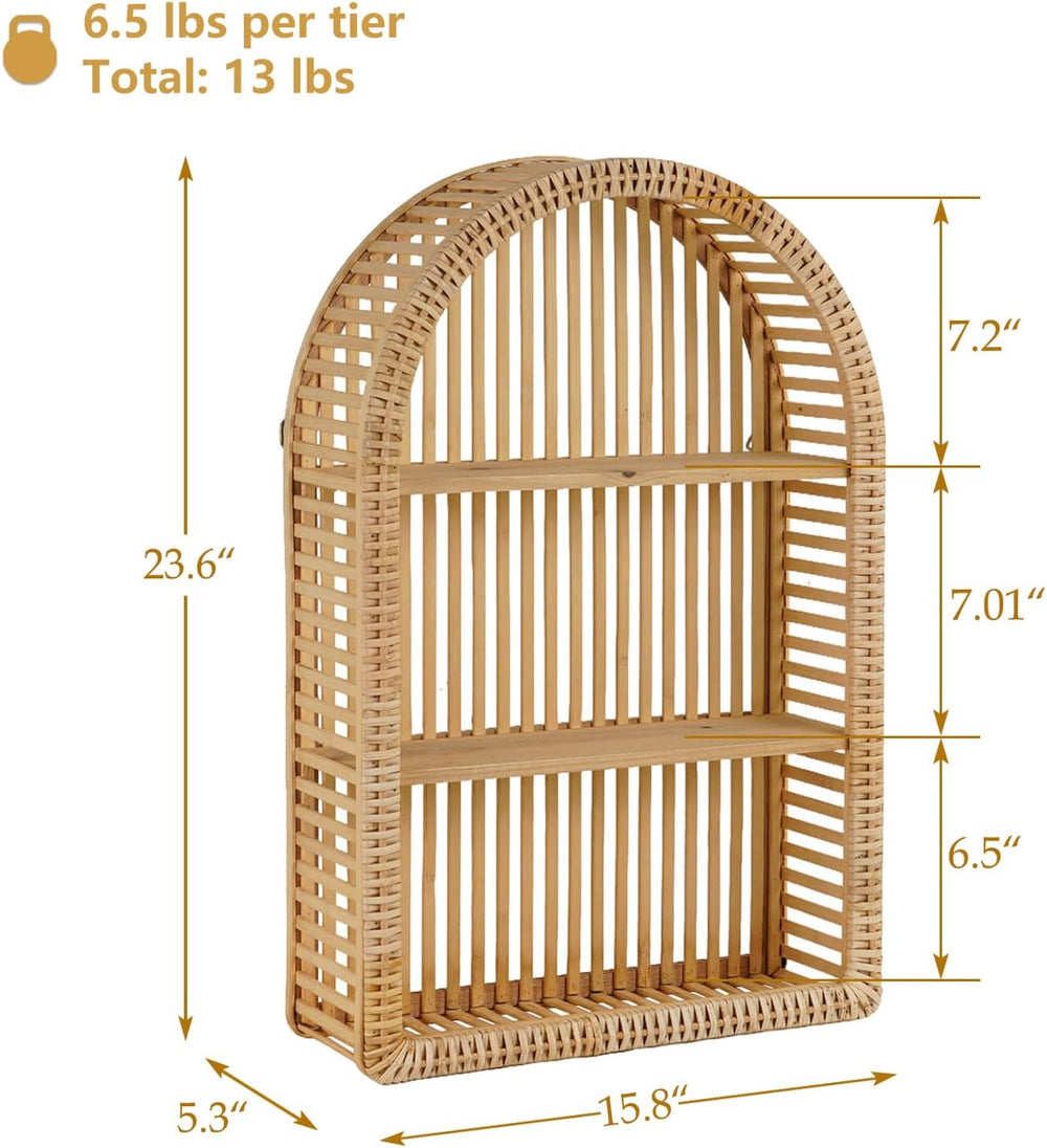Rattan Wall Shelf - 3 Tier Boho Arch Hanging Shelves Handcraft Floating Shelf...