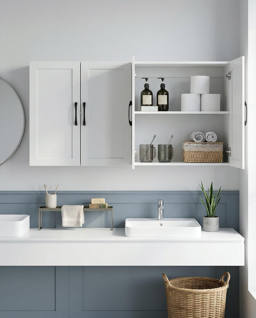 Wall Mounted Cabinet, Laundry Cabinet, 4 Doors, Adjustable Shelves, White