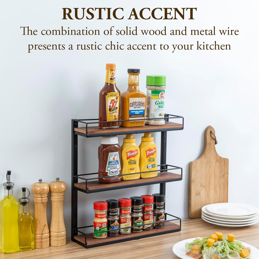 MyGift 3 Tier Spice Rack, Black Metal & Burnt Wood Wall Shelf