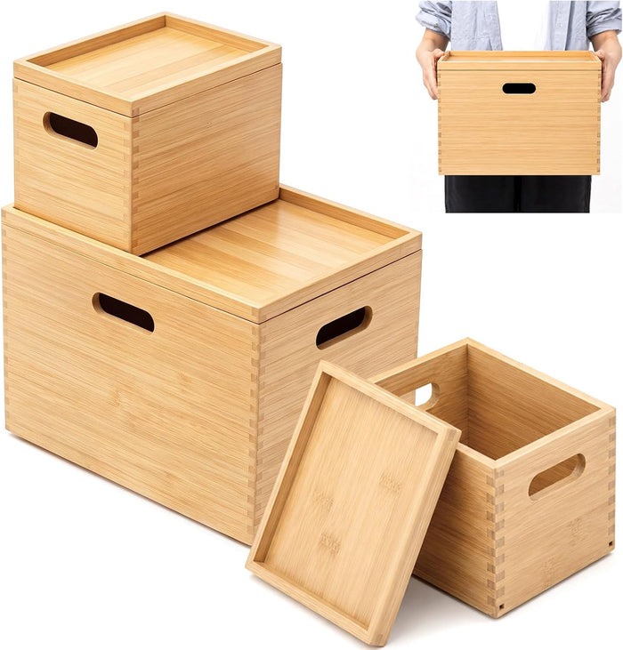 Sintuff 3 Pcs Stackable Bamboo Storage Box with Lid and Handle - Large 14.6"x10.2"x9.6" & 2 Pcs Small 9.3"x6.7"x6.7" Storage Bins for Home Kitchen Utensils, Office File Organize Classify by Items