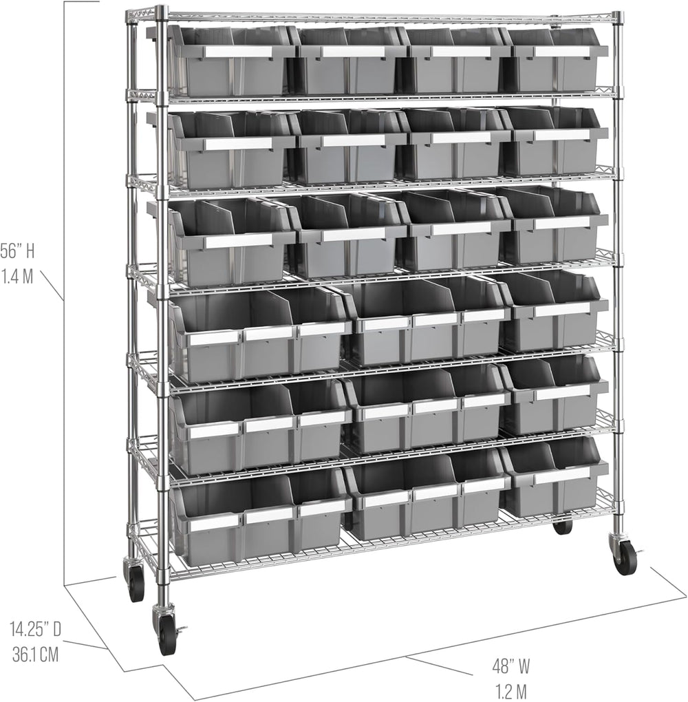 7-Tier NSF 21-Bin Steel Wire Shelving Rack, 48"W x 14"D x 56"H...
