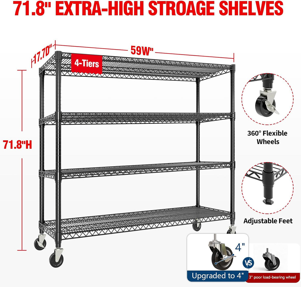 Garvee 71.8"H Metal Shelving with Wheels, 4-Tier Storage Shelves Heavy Duty
