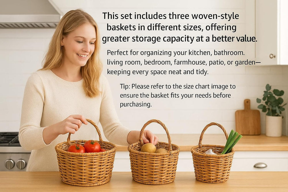 Handwoven Hanging Wall Baskets Set of 3 – Natural Rattan-Style Woven Storage ...