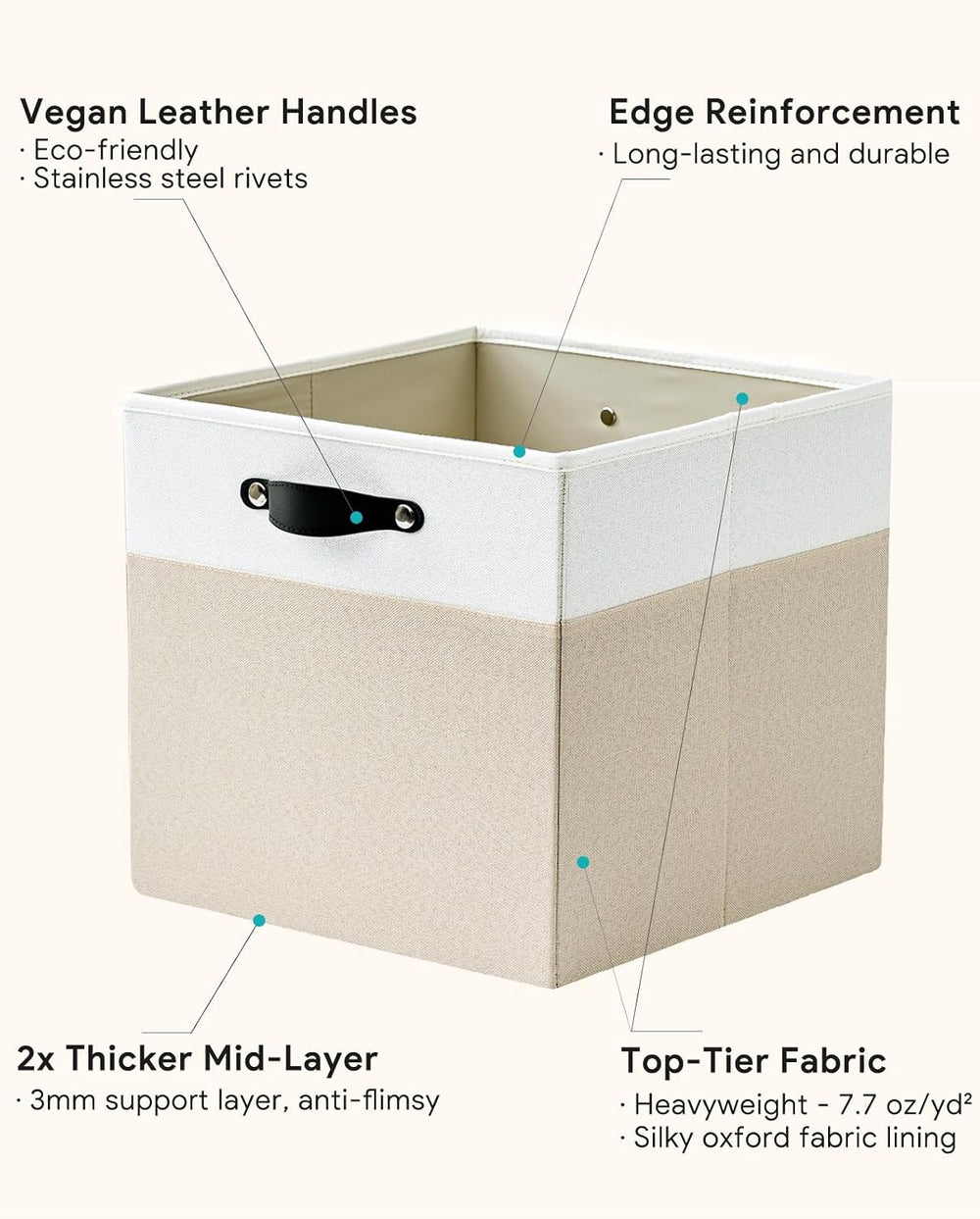 Cube Storage Bins | 11.8"x11.8"x9.8", Beige & White, 6 Pack