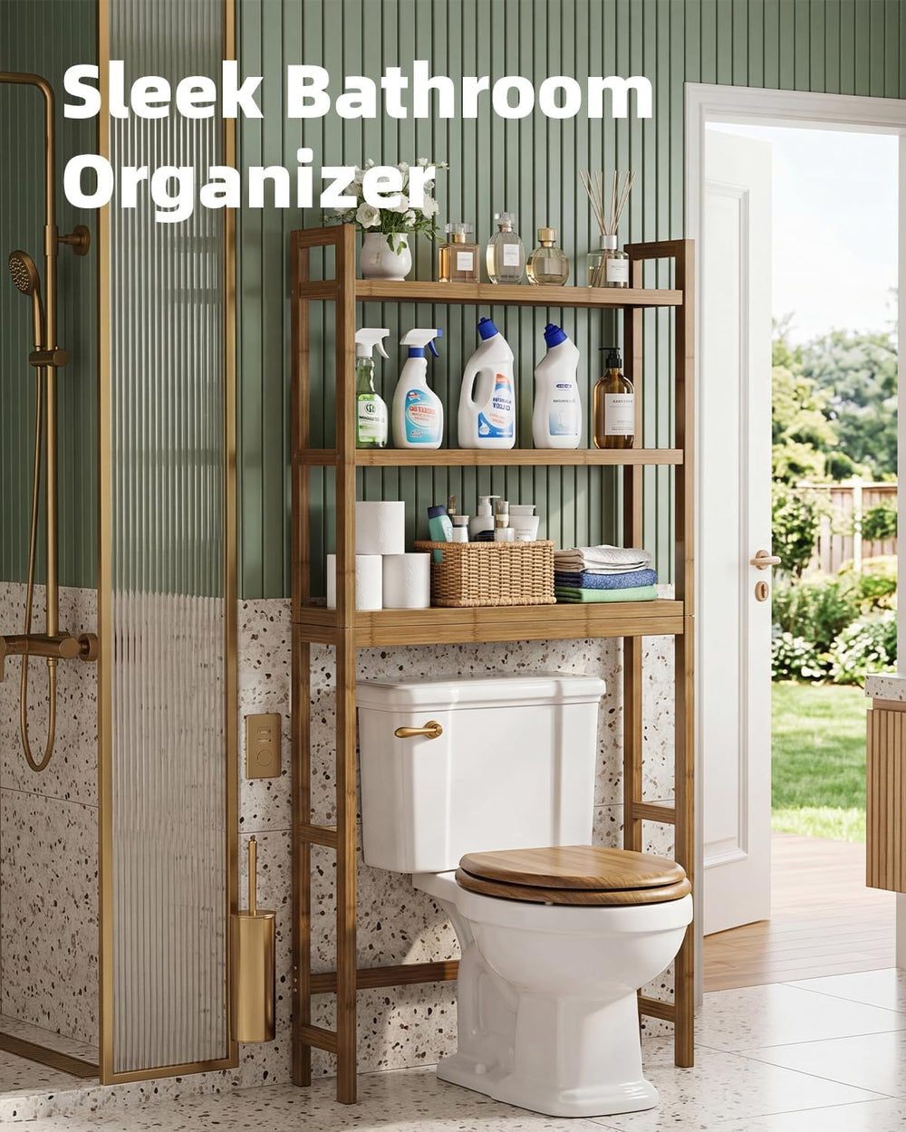 SMIBUY Bathroom Storage Shelf, Bamboo Over-The-Toilet Organizer Rack, Freesta...