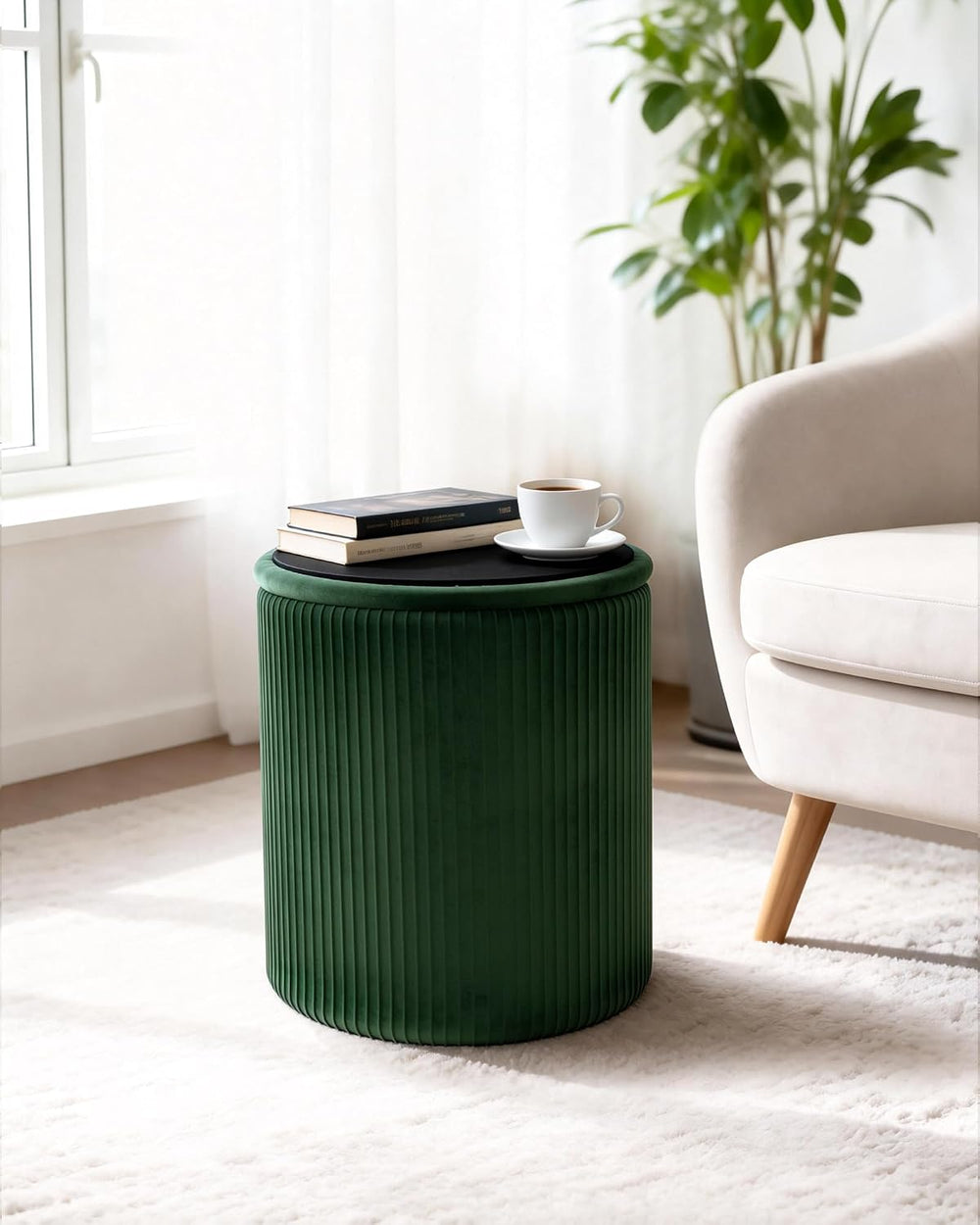 LITZFUR Round Ottoman with Storage, Velvet Foot Rest Stool, Green