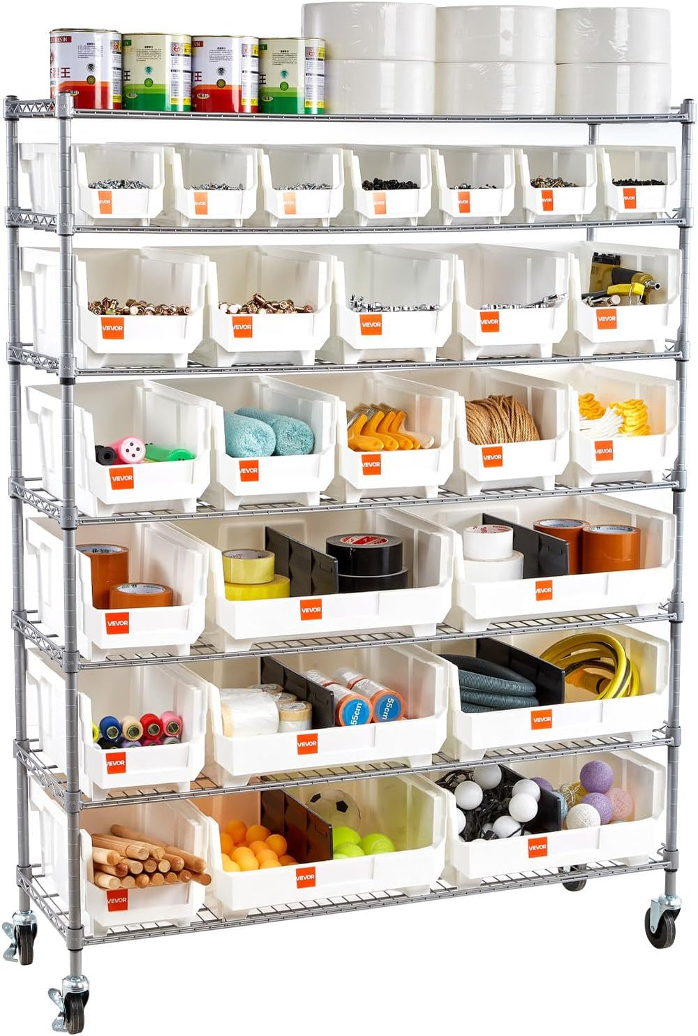 VEVOR 7-Tier Rolling Bin Storage Rack, 26 Organizer Bins, Bin Rack Storage St...