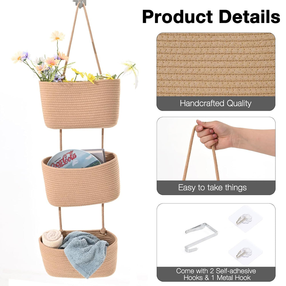 Hanging Decorative Baskets for Organizing 3-Tier Wall Basket Khaki