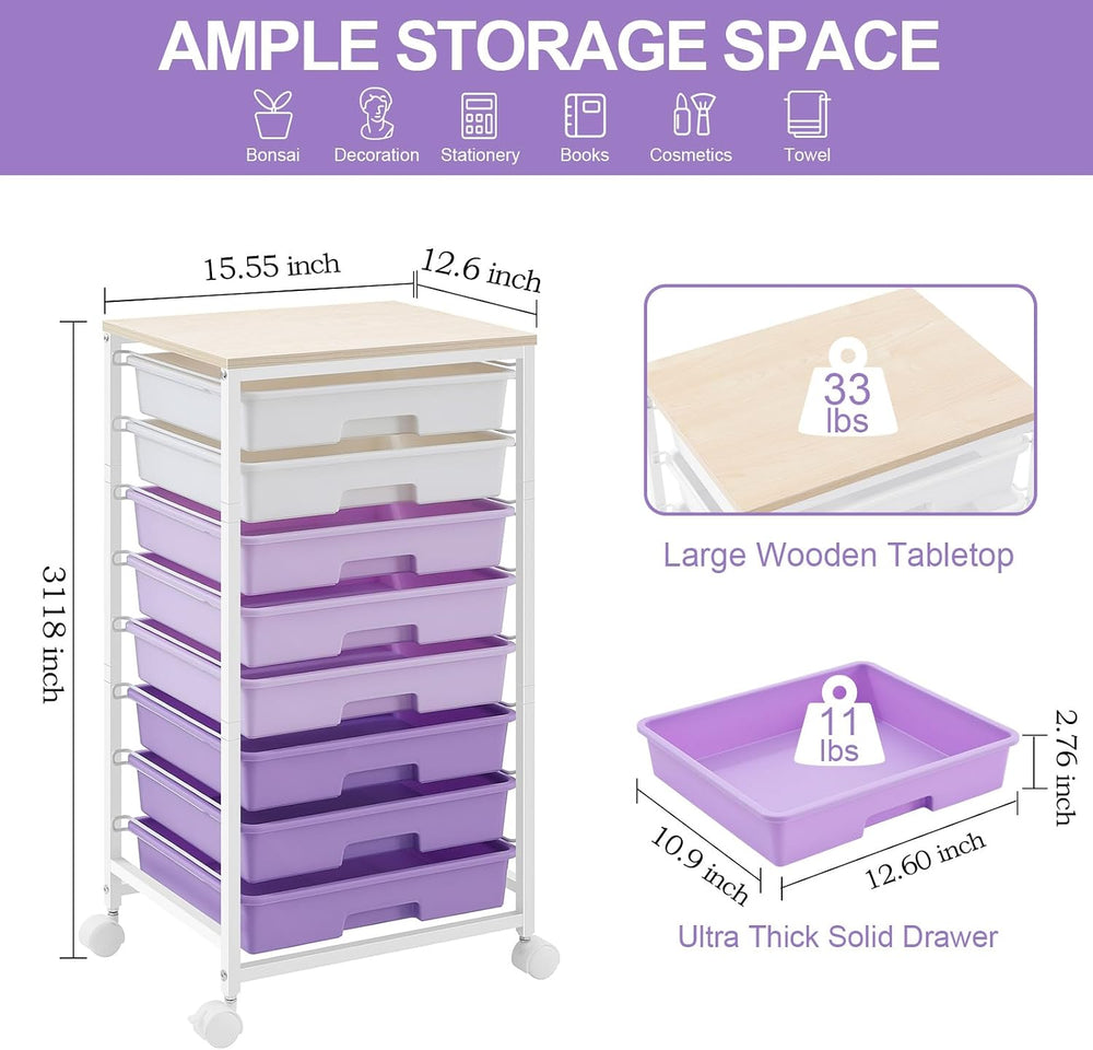 SYKIARIOL Rolling Cart with Drawers,8 Drawers Storage Cart,Purple