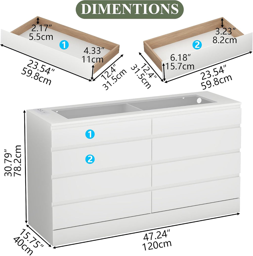 Gyfimoie 8 Drawer Dresser with Glass Top & Power Outlet, White Dresser fo...