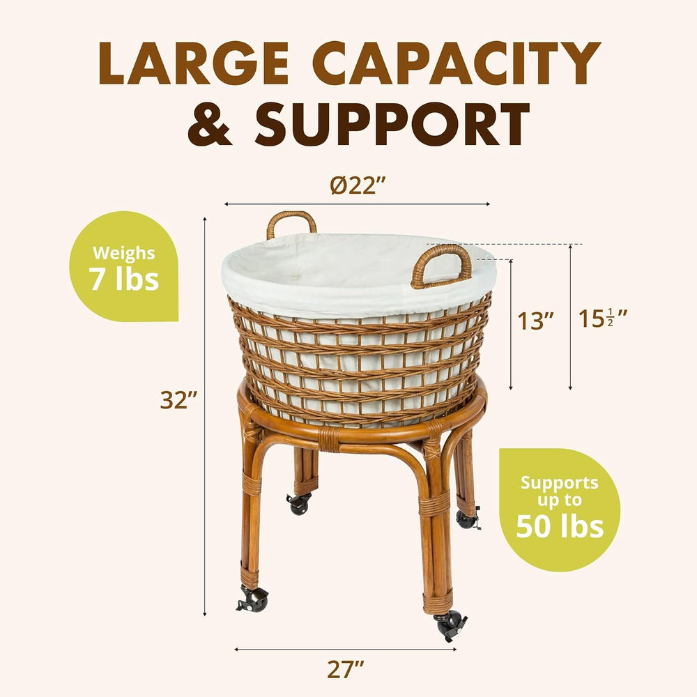 KOUBOO Rolling Wicker Laundry Hamper with Liner Locking Wheels, Honey Brown
