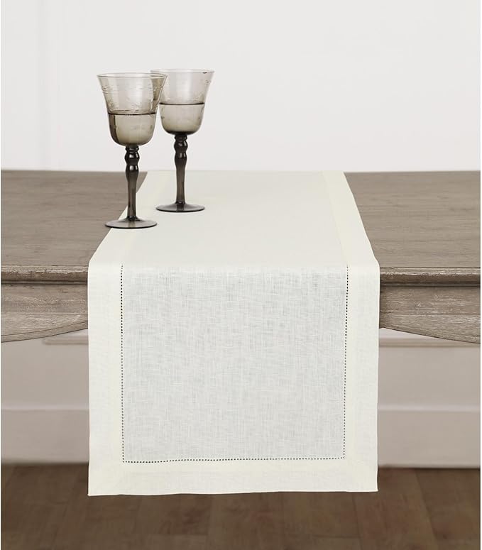 Solino Home Linen Ivory Table Runner 36 Inches - Classic Hemstitch, 100% Pure...