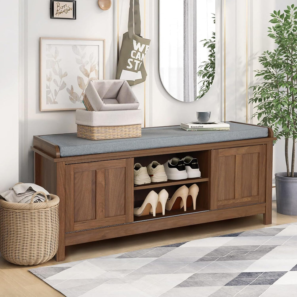 Shoe Storage Bench with Sliding Doors & Adjustable Shelves