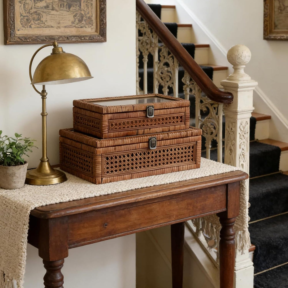 DECOR4SEASON Set of 2 Rattan and Cane Stacking Boxes,Brown,12"&14"