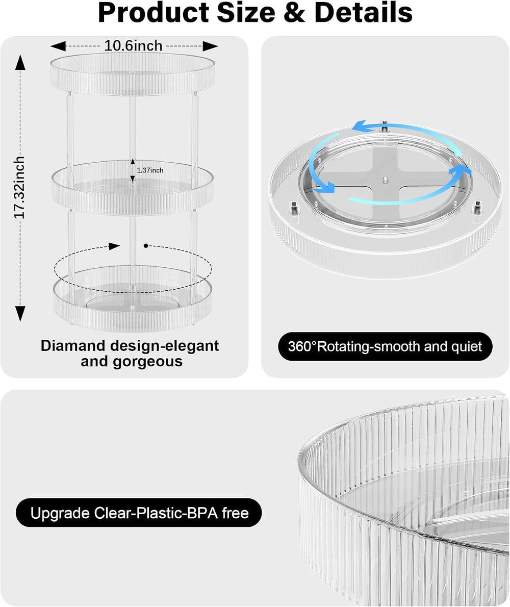 3 Tier Lazy Susan Bathroom Countertop Organizer, 360° Clear Rotating Makeup C...