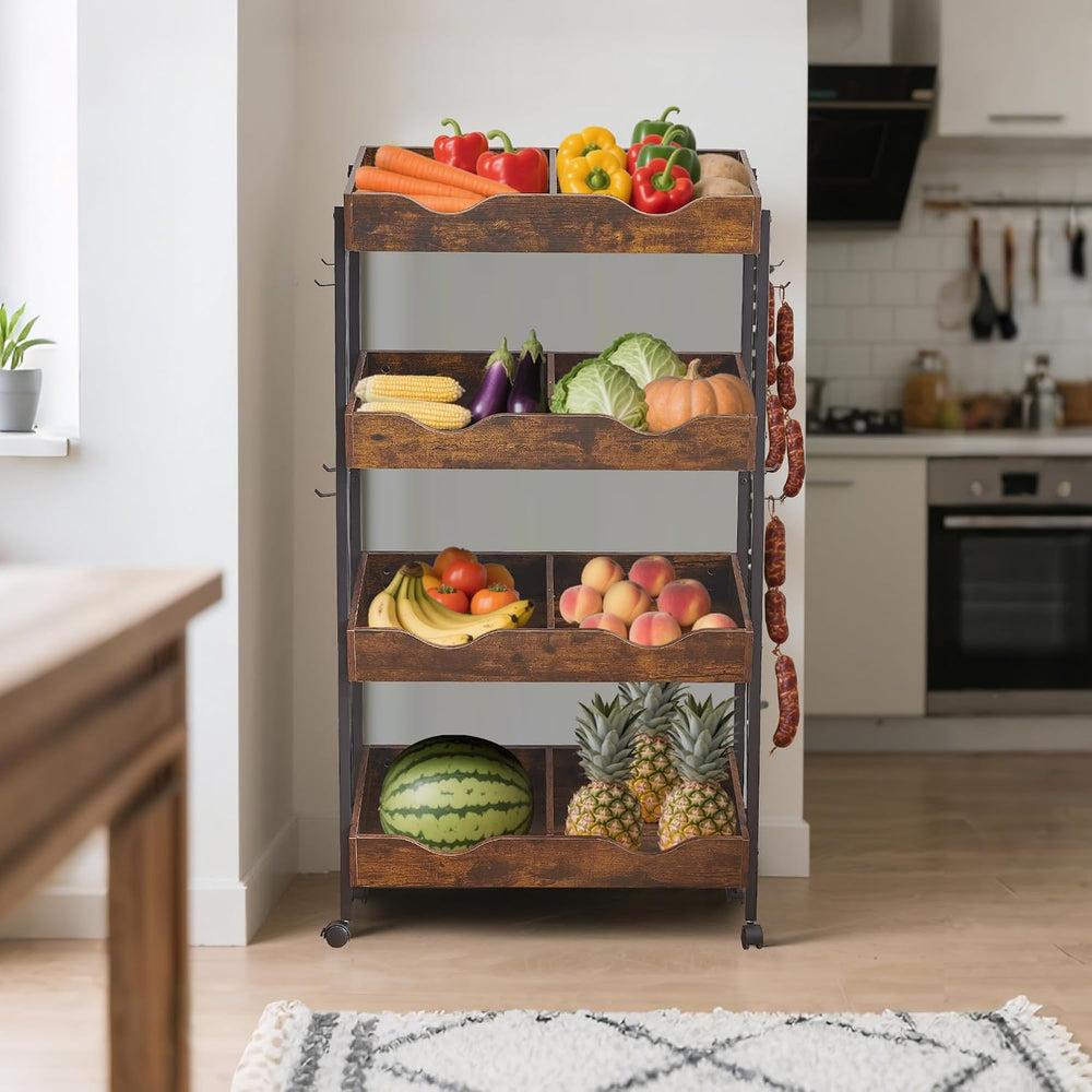 Mobile Farm Stand,4-Tier Wood Fruit Basket Stand with 8 Metal Hooks,Vegetable...