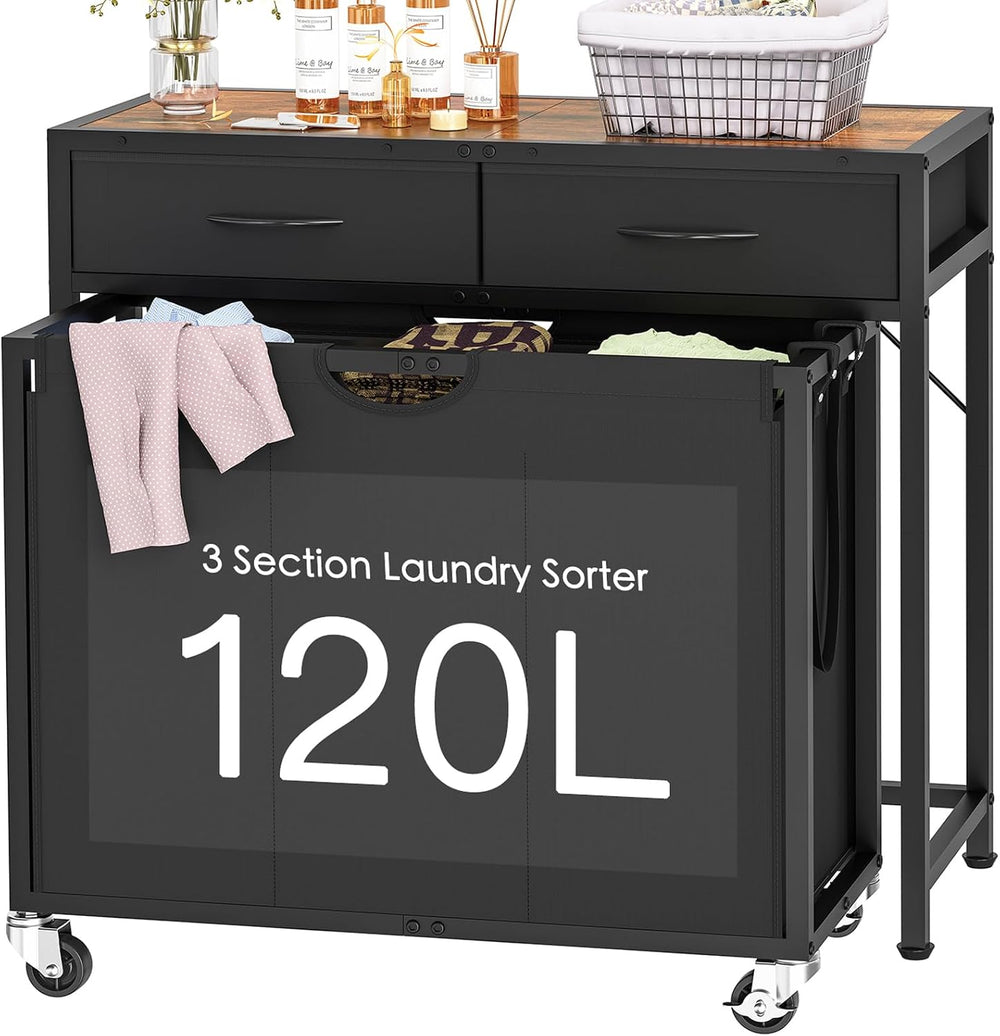 Laundry Sorter, Rolling Laundry Hamper with 3 Section Pull-Out Bags, Laundry ...